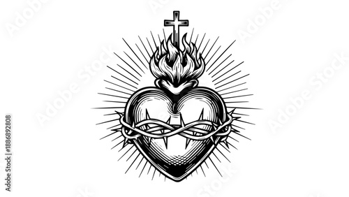 Black and white illustration of a heart crowned with thorns and surrounded by flames