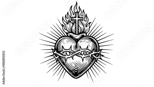 Black and white illustration of a heart crowned with thorns and a cross with radiating rays and flames