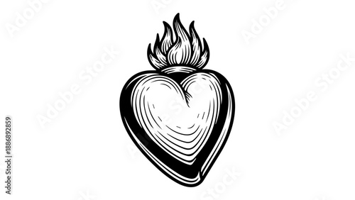 Black and white illustration of a 3D heart with a flame rising from the top on a white background