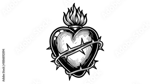 Bold stylized heart with flame and sword illustration in black and white