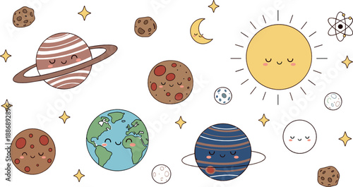 Cute solar system characters with planets, sun, moon, and asteroids in kawaii cartoon style for kids, education, stickers, and vector illustrations