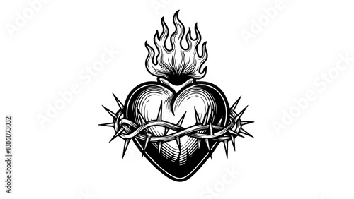Black and white illustration of an anatomically rendered heart with flames and a crown of thorns