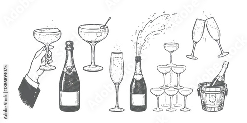 Elegant champagne celebration with assorted glasses and bottles