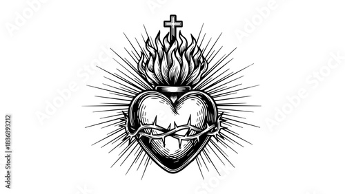 Black and white illustration of a heart with thorns and flames, crowned with a cross