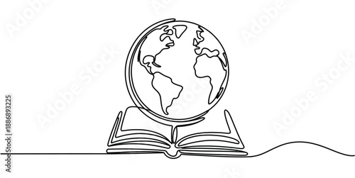 Continuous One Line Globe and Books Illustration, minimalist black outline vector showing earth globe beside book stack, education learning concept design.