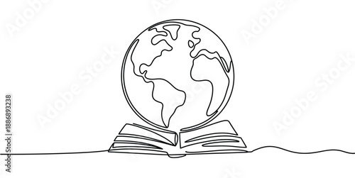 Continuous One Line Globe and Books Illustration, minimalist black outline vector showing earth globe beside book stack, education learning concept design.