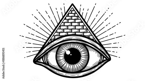 Black and white illustration of a detailed eye in a triangular frame with radiating lines