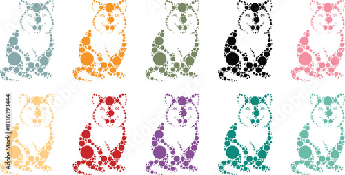Vibrant dot art sitting cats collection, Playful cat mosaic figures in bright dots