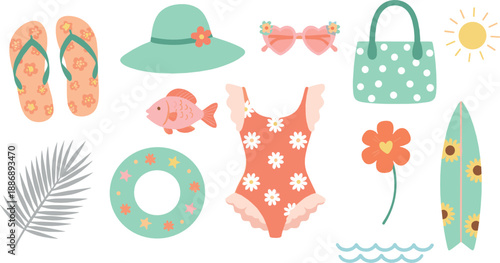 Cute summer beach essentials set with swimsuit, flip flops, hat, sunglasses, surfboard, fish, and tropical accessories in pastel kawaii vector style