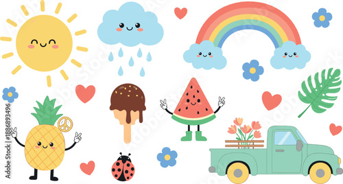 Cute summer characters set with sun, rainbow, fruits, truck, clouds, and hearts in colorful kawaii style for kids vector illustrations