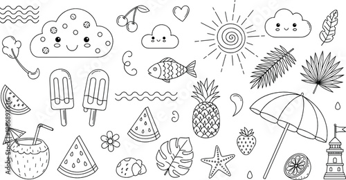 Cute summer doodle set with fruits, popsicles, sun, clouds, beach umbrella, and tropical elements in black and white coloring page vector style