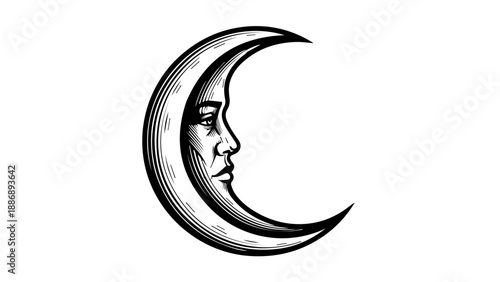 Black and white illustration of a crescent moon with a smiling face