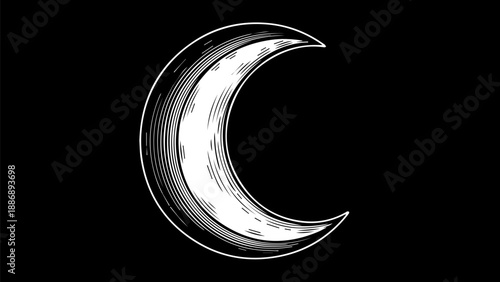 Minimalist black and white crescent moon illustration with wavy lines on black background