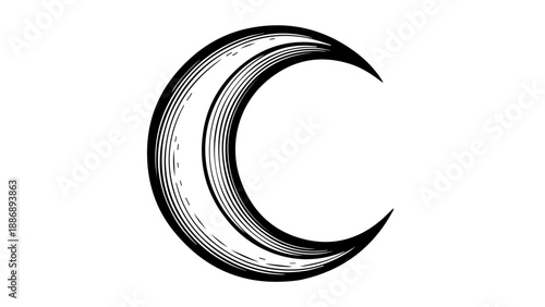 Minimalist black and white illustration of a crescent moon with intricate concentric lines