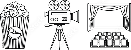 Cinema and Movie Theater Icon Set with Popcorn Film Camera and Theater Screen for Entertainment and Film Industry Vector Illustration