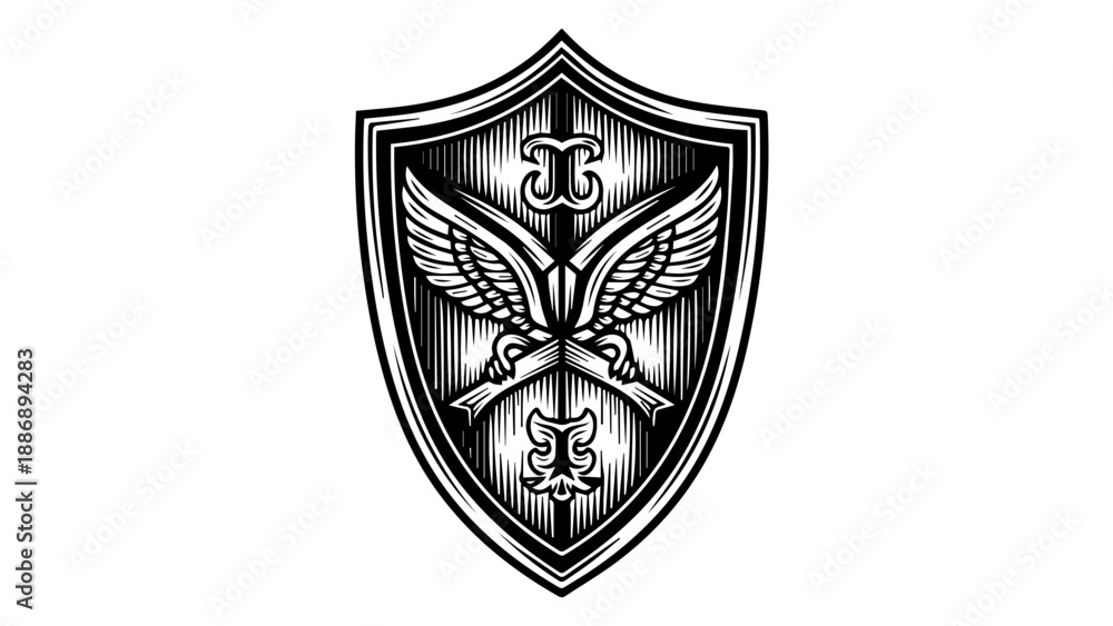 Obraz premium Heraldic shield with wings, sword, and emblem in black and white