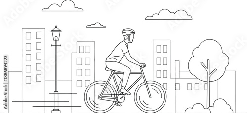 Man riding bicycle in city line art vector illustration