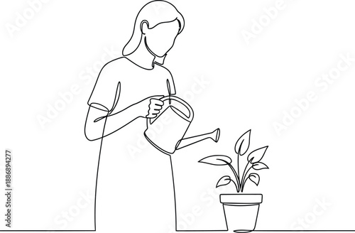 Woman watering potted plant continuous line drawing vector art