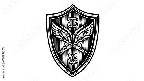 Heraldic shield with wings, sword, and emblem in black and white