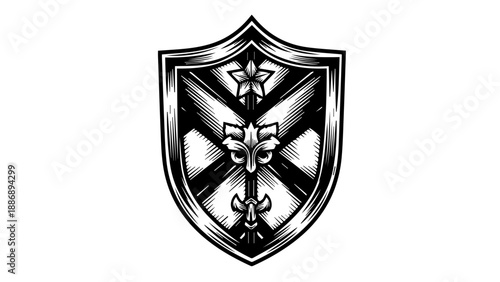 Black and white heraldic shield illustration with star emblem, fleur-de-lis cross, and diagonal curves