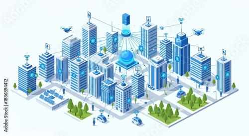 Futuristic cityscape with modern buildings and advanced technology infrastructure.