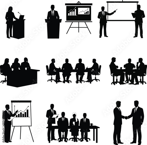 Business professionals engaging in presentations and meetings in a corporate environment from various viewpoints