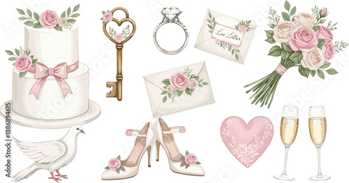 Romantic Wedding and Bridal Icon Set with Cake Bouquet Engagement Ring Shoes and Champagne for Marriage Celebration Vector Illustration