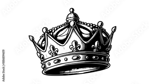 Ornate black and white crown illustration with floral motifs and pointed arches