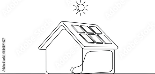 Solar panel house renewable energy continuous line drawing vector