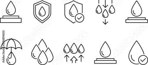 Waterproof and Moisture Resistance Icon Set with Water Drops Shields and Umbrella for Product Protection Vector