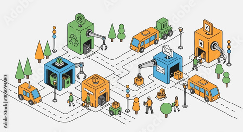 Isometric cityscape with modern buildings and transportation.