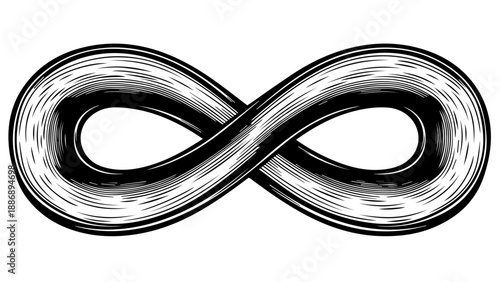 Intricate black and white infinity symbol with layered three-dimensional effect