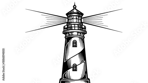 Black and white illustration of a solitary lighthouse with radiating light rays