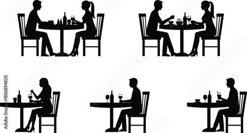 Silhouettes of People Dining and Interacting at Tables, Social and Solo Restaurant Scenes on Gray Background, Lifestyle Concept