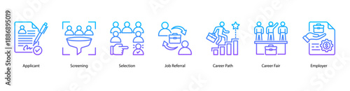 Job and Career Growth web banner icon vector illustration featuring Applicant, Screening, Selection, Job Referral, Career Path, Career Fair, and Employer.