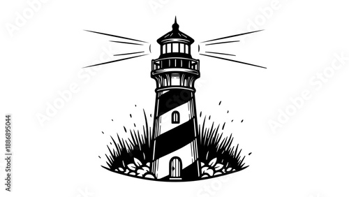 Black and white illustration of a classic lighthouse with a rocky foundation and tall grass in the foreground