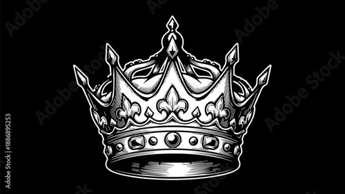 Regal crown illustration with intricate filigree and gemstones on black background