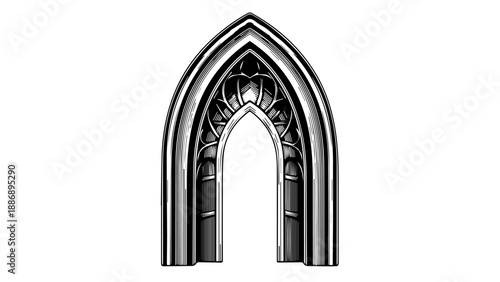Close-up of a Gothic arch with intricate tracery and floral motifs in black and white
