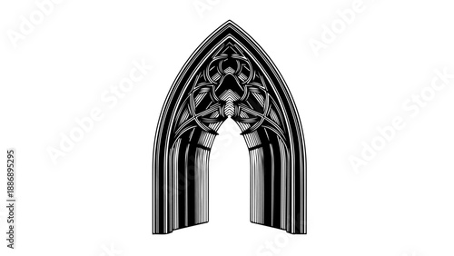 Gothic Archway with Intricate Tracery and Floral Motifs in Black and White