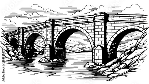 Black and white illustration of a three-arched stone bridge spanning a calm river with rocky banks and an overcast sky