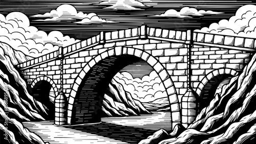 Black and white illustration of a stone bridge with multiple arches spanning a calm river