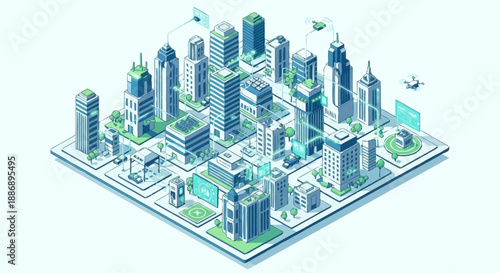Isometric cityscape with modern skyscrapers and urban infrastructure.