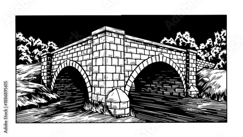 Ancient stone bridge with three arches and a dome-shaped structure in the foreground