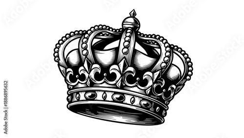 Regal crown with intricate detailing and floral motifs in black and white
