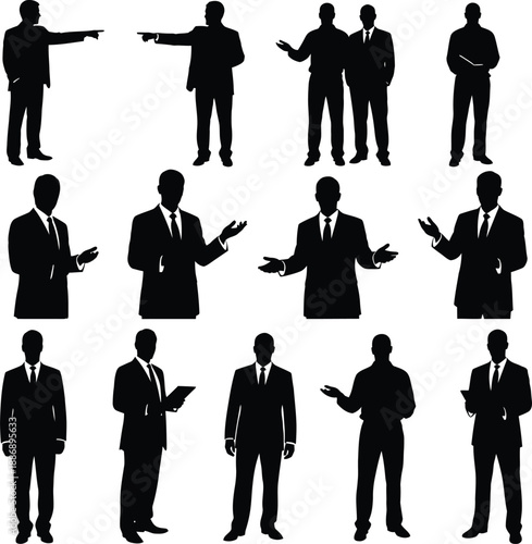 Silhouettes of business professionals in various poses and gestures against a plain background from a straightforward viewpoint.