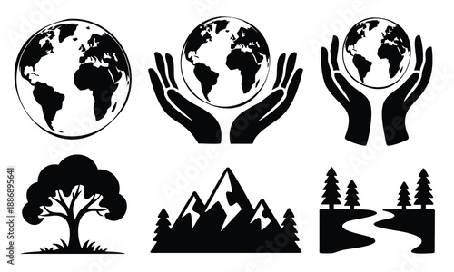 Landscape set bundle earth day silhouette mountain forest river scenes