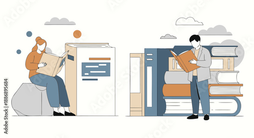 Two individuals are engrossed in reading books while surrounded by towering stacks of literature and archive boxes.