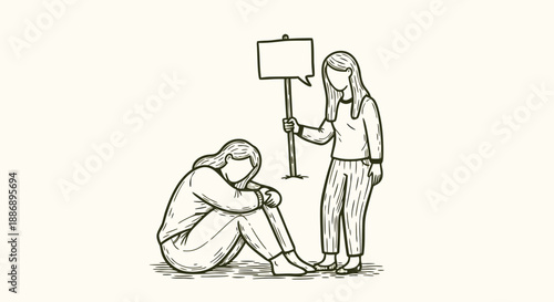 One compassionate person offers support to another who is sitting on the ground looking sad and holding a blank sign.