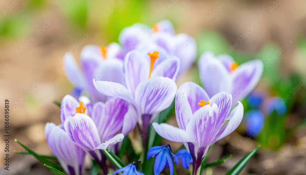 Fototapeta premium Spring blossoms vibrant crocuses blooming in a garden landscape nature photography close-up shot fresh environment colorful viewpoint seasonal beauty