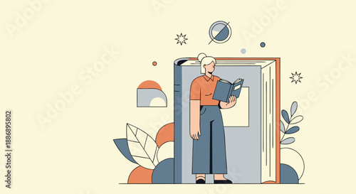 A woman emerges from a giant open book, engrossed in reading amidst a landscape of abstract shapes and leaves.